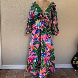 NWT Farm Rio Printed V-Neck Puff Sleeve Toucan Cutout Midi Dress medium